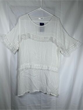 Navy Off White Fringe Top Women’s Large Textured Boho Blouse
